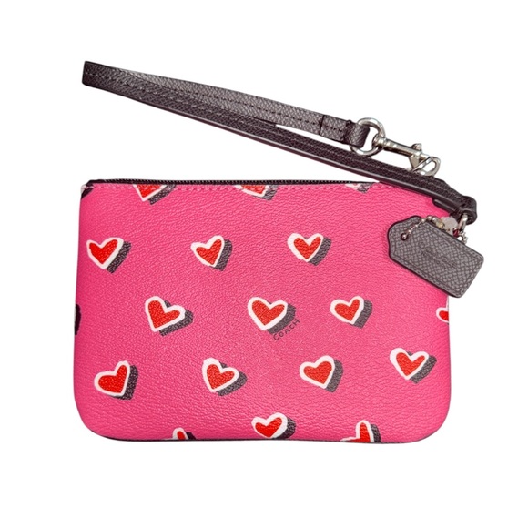 Coach Pink and Red Heart Pattern Wristlet Black Strap NWT - Picture 7 of 7